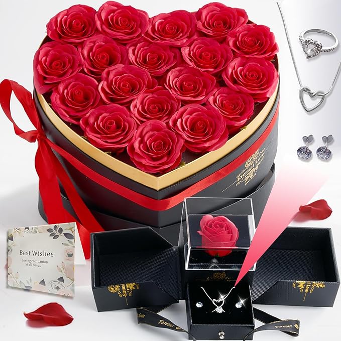 Gifts for Women Artificial Forever Flowers Box & Preserved Roses with Necklace Ring Earrings,Gifts for Her Girlfriend Mom ...