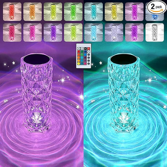 2 Pack Crystal Table Lamp, Remote and Touch Control Rose Wave Lamp, RGB Color Changing Night Light, Dimmable, USB Recharge...