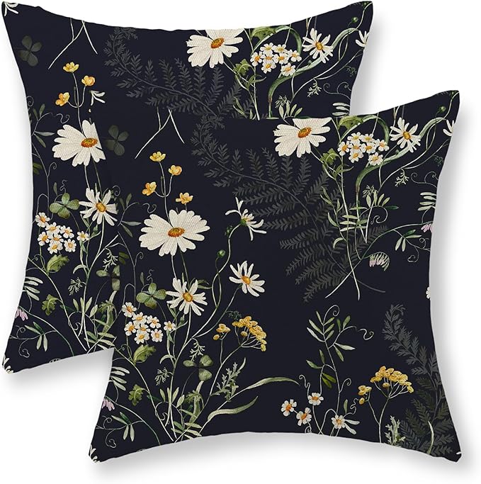 GOLIANDA Black Pillow Covers 18x18 Inch Set of 2 Sage Green Spring Floral Throw Pillows Botanical Wildflower Summer Outdoo...