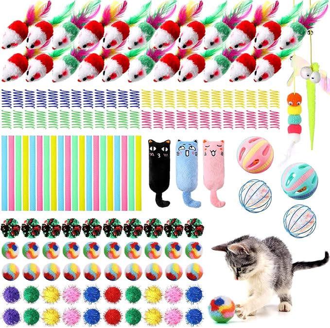 Shappy 150 Pcs Cat Toys for Indoor Cats Bulk, Kitten Toys Pack, Variety Interactive Gift Including Mice Rainbow Balls Spri...