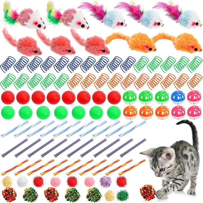 Nicunom 100 Pcs Cat Toys for Indoor Cats and Kittens - Spring, Fur Mice, Crinkle Ball, Sparkle Pom Pom Ball, Bell, Catnip ...