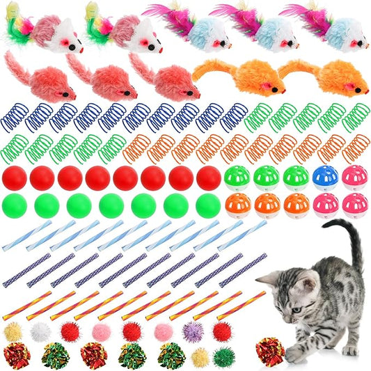 Nicunom 100 Pcs Cat Toys for Indoor Cats and Kittens - Spring, Fur Mice, Crinkle Ball, Sparkle Pom Pom Ball, Bell, Catnip ...