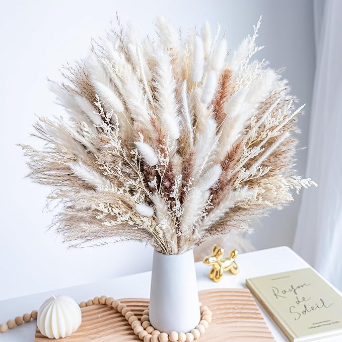 96PCS Natural Dried Pampas Grass Boho Home Decor Bouquet Phragmites Dried Flowers Bouquet for Wedding Floral Arrangements ...