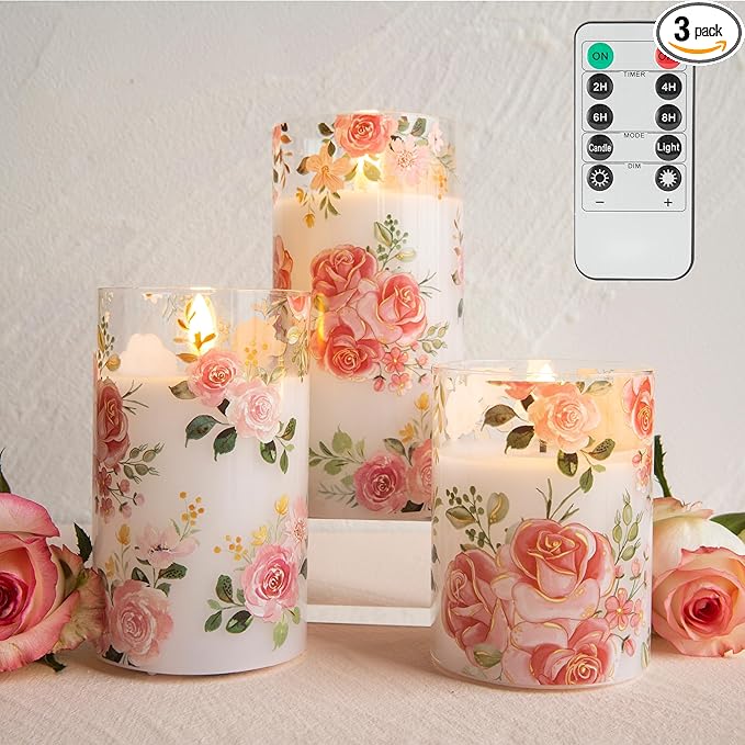 LUSHARBOR Flameless Candles with Remote, Battery Operated Glass Candles Pink Rose Flickering LED Candles Real Wax Floral C...