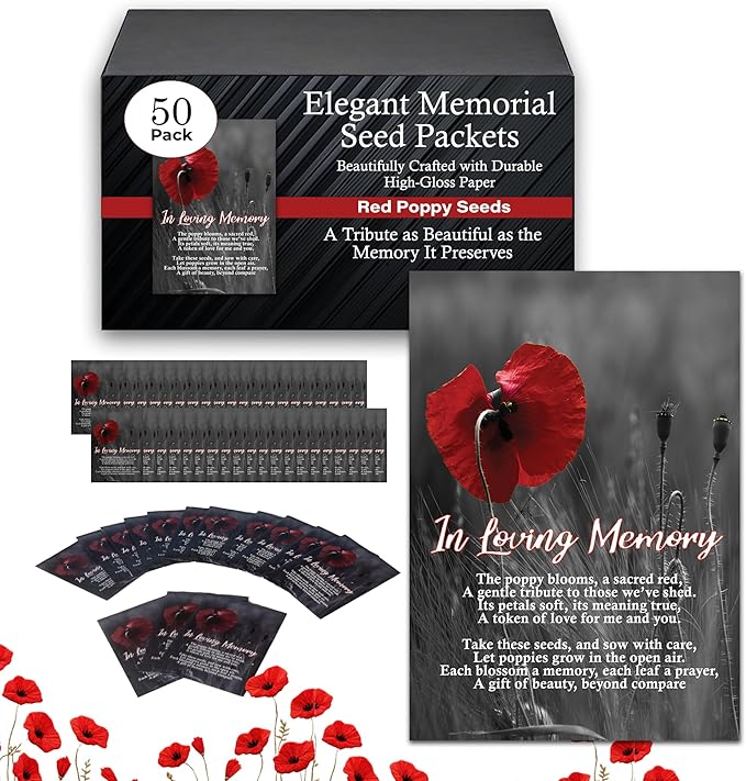 50pc RED Premium Pre-Filled Red Poppy Seeds Funeral Favor Packets, Funeral Decorations, Celebration of Life Decorations, C...