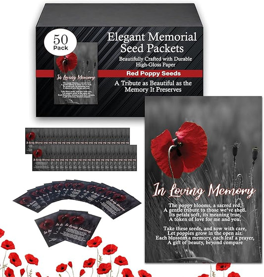 50pc RED Premium Pre-Filled Red Poppy Seeds Funeral Favor Packets, Funeral Decorations, Celebration of Life Decorations, C...