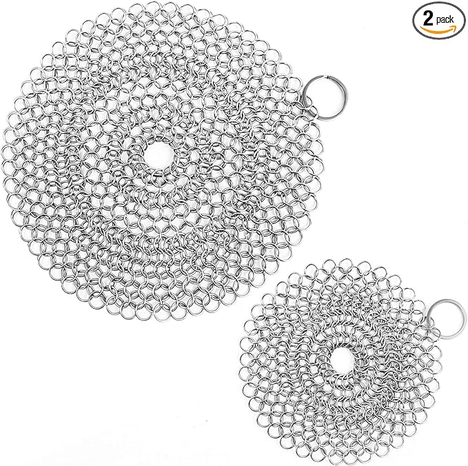ONEEKK Cast Iron Skillet Cleaner Chainmail,2 Pack Premium Stainless Steel Chain Maille Scrubber for Cast Iron Pans,Stainle...
