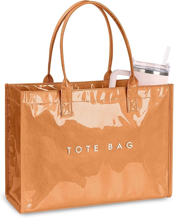 Large PVC Tote Bag for Women, Kraft Paper Handbag Beach Tote with Letter Print, Top Handle Purse for Work Travel Shopping