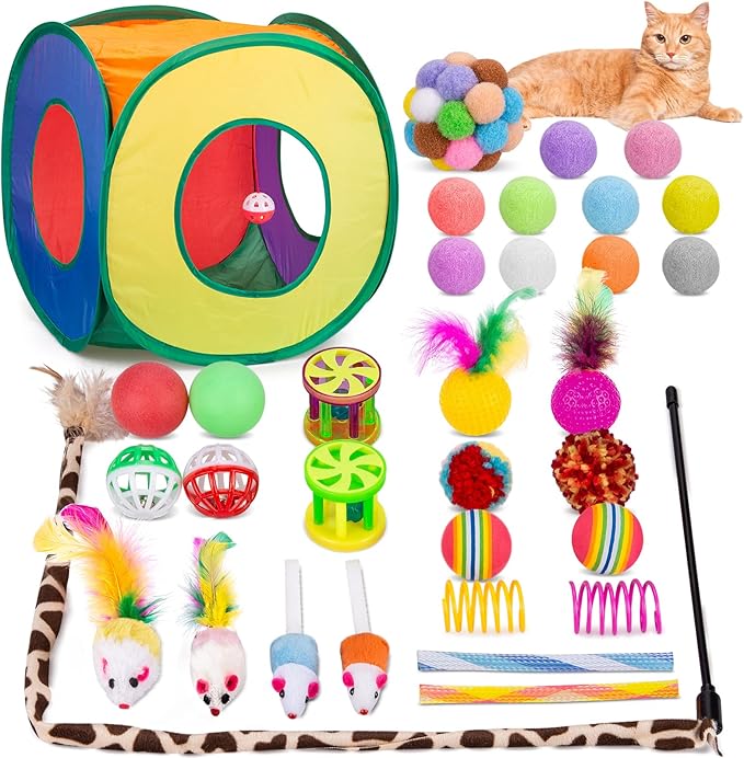 Retro Shaw Cat Toys Pack 33Pcs, Interactive Kitten Toys for Indoor Cats Kitty with Collapsible Play Tunnel Tent, Feather T...