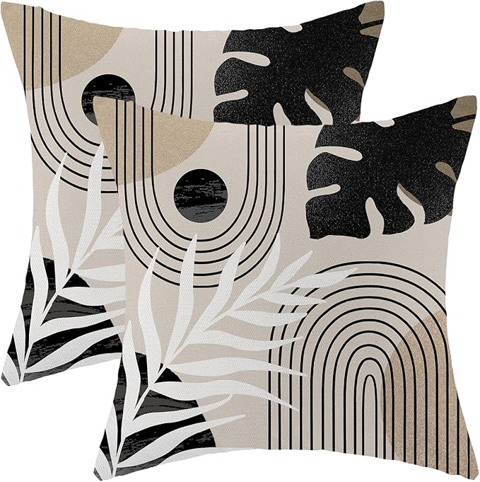 Boho Pillow Covers 20x20 Set of 2 Mid Century Black Beige Tropical Leaf Throw Pillow Covers Outdoor Decor Modern Abstract ...