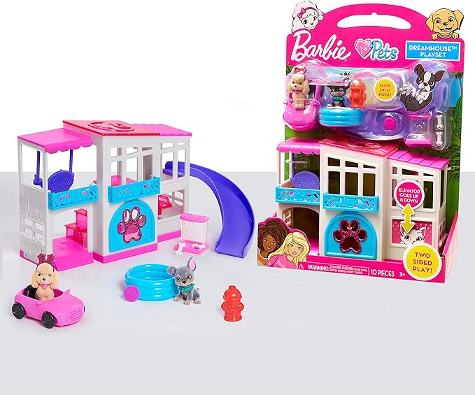 Barbie Pet Dreamhouse 2-Sided Playset, 10-pieces Include Pets and Accessories, Kids Toys for Ages 3 Up by Just Play