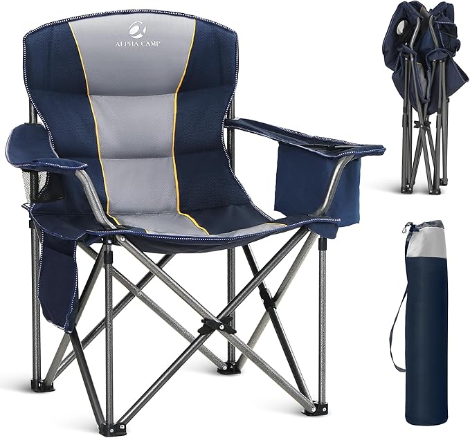 ALPHA CAMP Oversized Folding Camping Chair, Heavy Duty Portable Lawn Chairs with Cooler Bag, Side Pocket & Cup Holder, Fol...