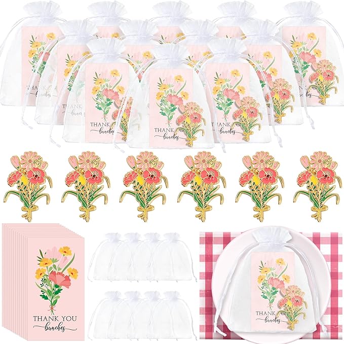 Remuuly 25 Sets Thank You Gift for Women Pink Flower Brooch Pins Bulk with Card Bags Appreciation Gift for Coworker Teache...