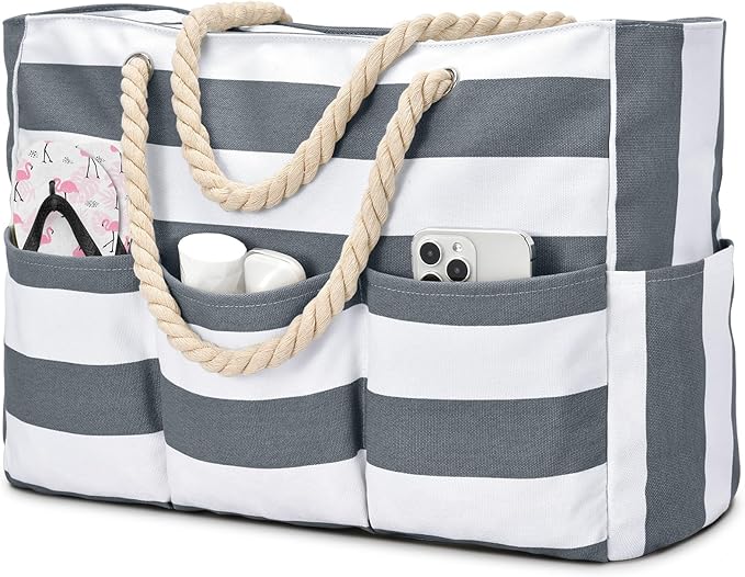Becokan Beach Bags for Women Canvas Large Beach Tote Bag Zipper Waterproof Sandproof Foldable Swim Pool Bag with 7 Pockets