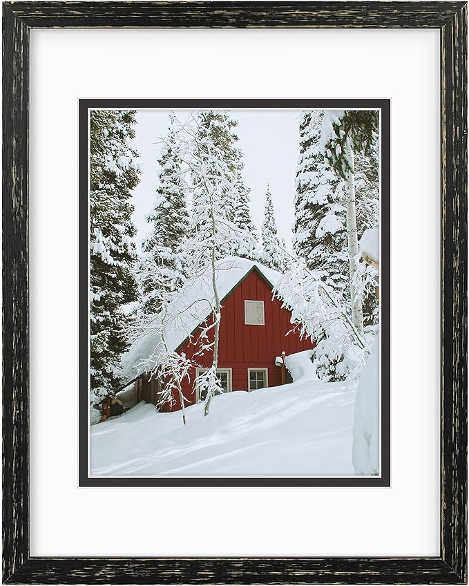 Golden State Art, 11x14 Distressed Black Wood Frame with White over Black Double Mat - Displays 8x10 Photos - Real Glass, ...