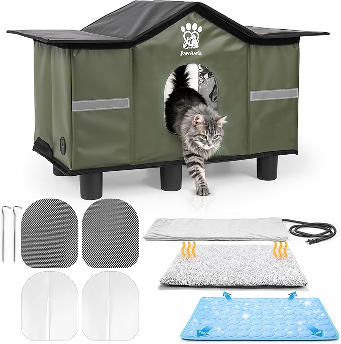 PAWAWH Insulated Heated Outdoor Cat House with Self Warming & Self Cooling Mat – Waterproof Stray & Feral Shelter with Bre...