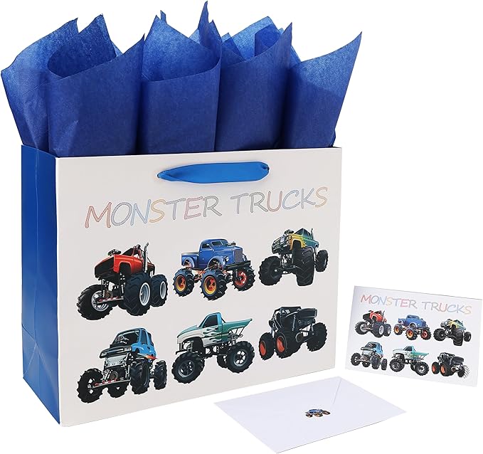 13" Large Birthday Gift Bags Set with Greeting Card and Tissue Paper (Monster Trucks Design) for boys, Kids, Baby boy,Baby...