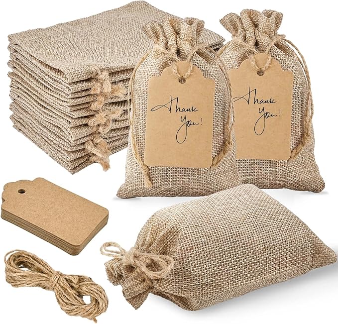 Jutieuo 25pcs Small Burlap Bags with Drawstring - 4x6 Inch Reusable Premium Linen Sacks Bags with Tag and String, Mini Gif...
