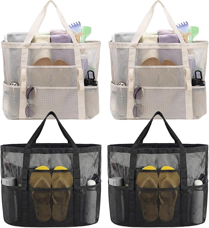 Viwnrxta 4Pcs Mesh Beach Bags with Zipper Pocket, Large Beach Tote for Cruise Family Travel Pool Vacation Essentials
