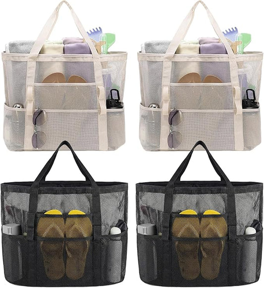Viwnrxta 4Pcs Mesh Beach Bags with Zipper Pocket, Large Beach Tote for Cruise Family Travel Pool Vacation Essentials