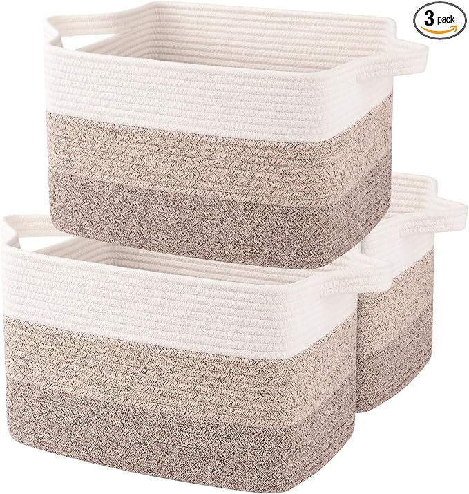 OIAHOMY Storage Basket, Woven Baskets for Storage, Cotton Rope Basket for toys,Towel Baskets for Bathroom - Pack of 3, Gra...
