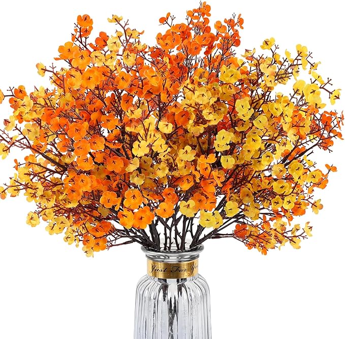 HIAGROW 8Pcs Babys Breath Artificial Fake Fall Flowers, Real Touch Orange Yellow Plants Silk Flowers for Vase Home Office ...