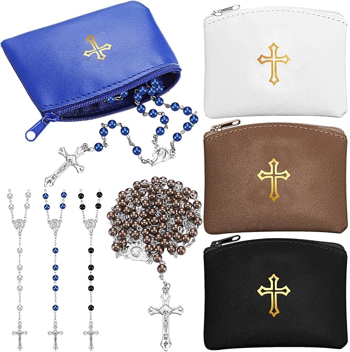 Dansydaisy 8 Pcs Rosary Pouch with Catholic Rosary Beads Necklace Set for Women Leather Holder with Zipper Gold Cross Impr...