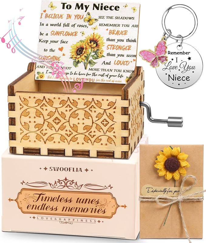 Swooflia Mother's Day Wooden Music Box for Niece with Sunflower Greeting Card - Hand Crank Engraved Musical Box Vintage Me...