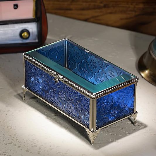 DHCGPP Glass Vintage Jewelry Box Keepsake storage Trinket Ring Display Box Home Decor Embossed Clear Glass Box Organizer(...