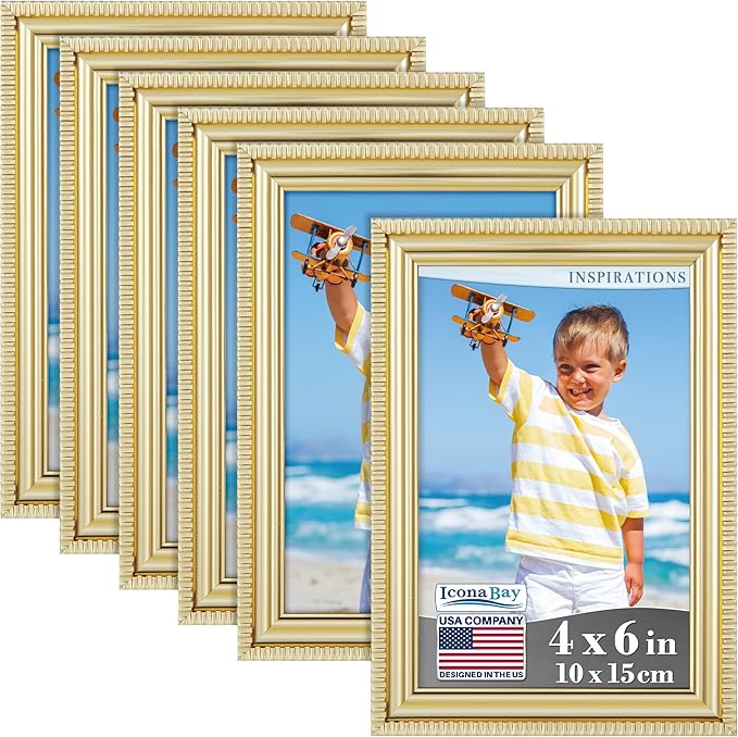 Icona Bay 4x6 Picture Frames (Gold, 6 Pack), Beautifully Detailed Molding, Contemporary Picture Frame Set, Wall Mount or T...