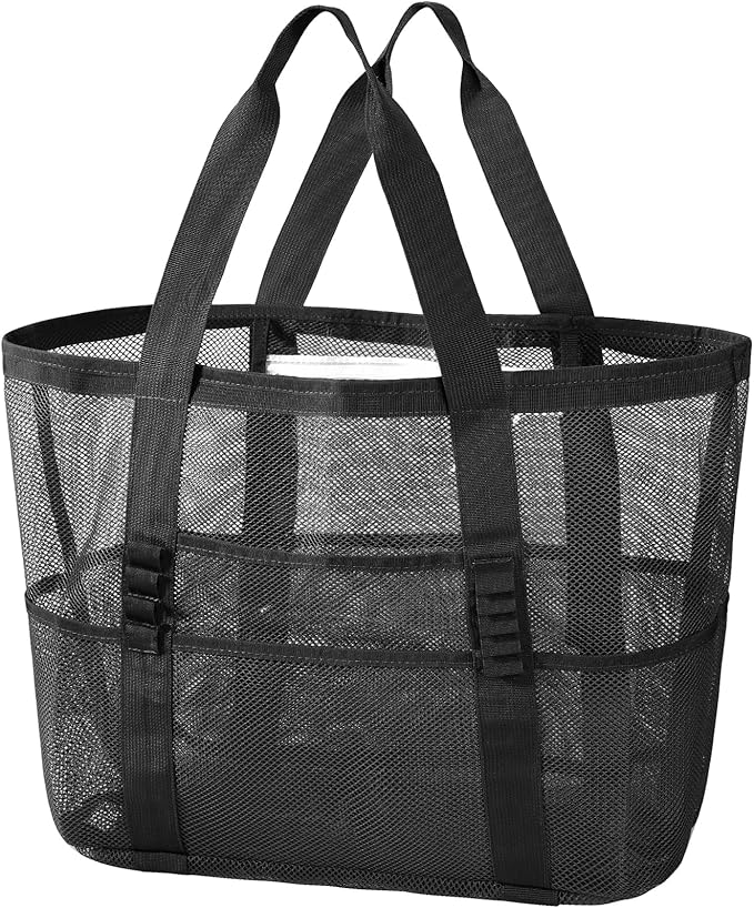 KPX Mesh Beach Bag, Large Beach Tote Bags for Women Foldable Mesh Swimming Pool Bag with Mini Pockets - Sandproof, Waterproof