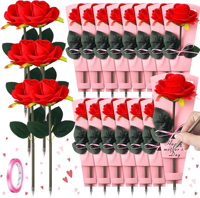 Feifeiya 30 Sets Mother's Day Flower Pens with Gift Cards Red Rose Ballpoint Pen Bulk Artificial Rose Pens Gift for Weddin...