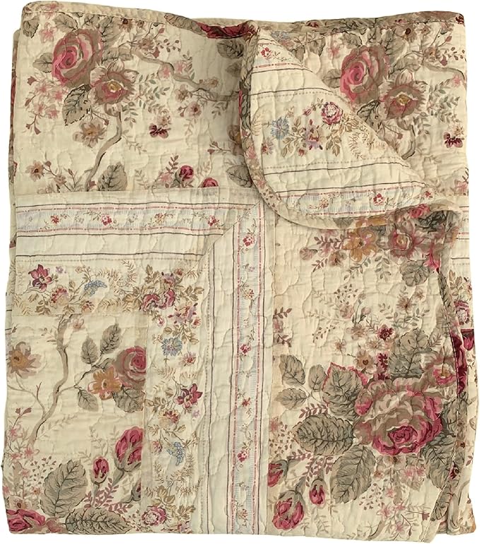 Greenland Home Fashions Antique Rose - Classic Traditional Floral - 100% Cotton Quilted Throw Blanket, 50 x 60 inches, Ecru