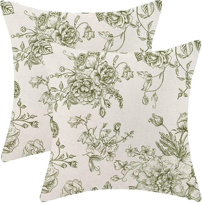 Jecuwo Spring Sage Green Floral Pillow Covers 20x20 Inch Set of 2, Chinoiserie Sage Green Flower Decorative Throw Pillowca...