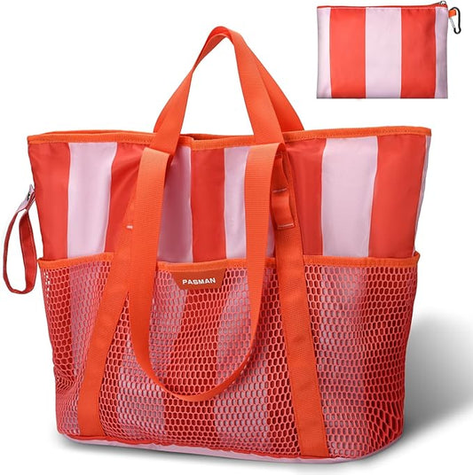 PASMAN Large Beach Bag with Zipper-8 Pockets Sandproof Beach Tote Bag for Women,Foldable Lightweight Family Swim Bag Vacation