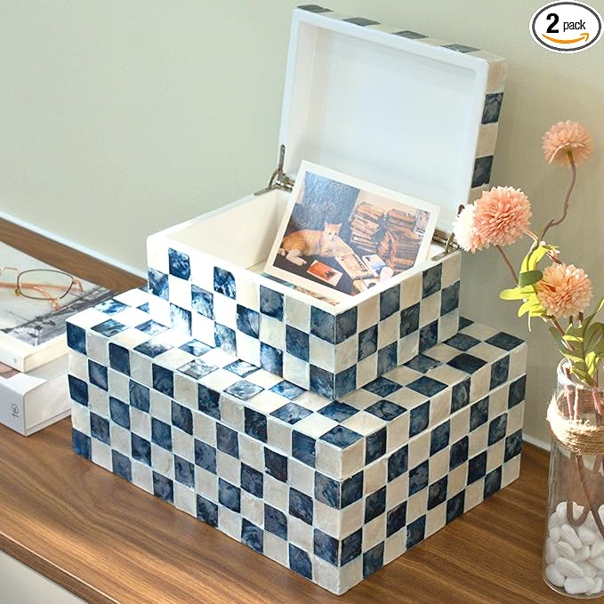 Chi An Home 11.8", 8" Decorative Boxes with Lids, Capiz Shells Checkered Decorative Storage Boxes for Home Décor, Memory B...