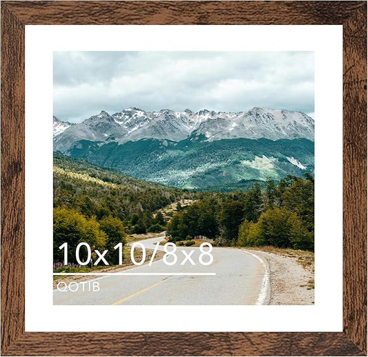 QOTIB Wood 10x10 Picture Frame with 8x8 Mat Deep Brown, Display 8x8 with Mat or 10x10 Without Mat, Wood 10 by 10 Photo Fra...