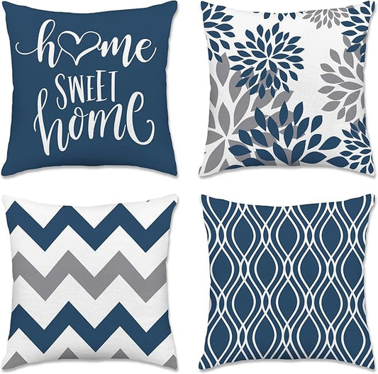 Hexagram Geometric Blue Pillow Covers 18x18 Set of 4, Decorative Outdoor Boho Modern Throw Pillow Covers, Home Sweet Home ...