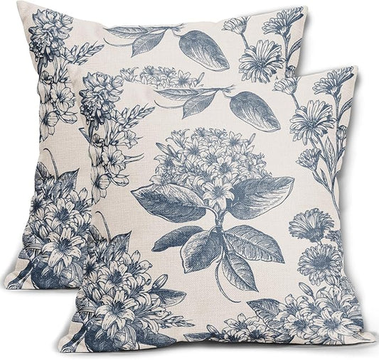 Aytipun Vintage Floral Pillow Covers 18x18 Set of 2 Dusty Blue Flower Pattern Print Decorative Outdoor Pillowcases Farmhou...