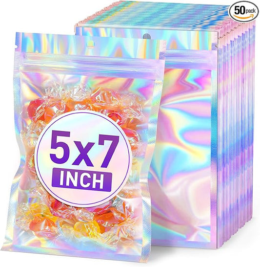 ANZNKU Holographic Bags 5x7 Mylar Bags Resealable 50PCS, Packaging Bag Smell Proof Pouches Baggies for Goodie Snack Easter...