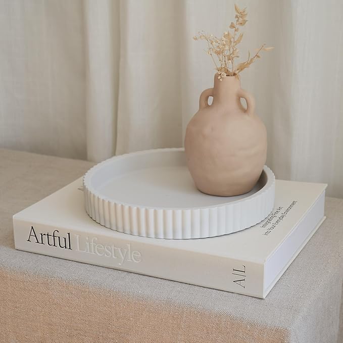 Decorative Concrete Tray & Book Decor Set - Scalloped Tray & Linen Box Enhance Your Coffee Table or Bookshelf Decor - Styl...