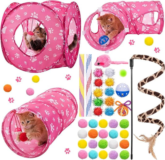 Leitee 40 Pcs Cat Toys Kitten Toys Assortments, Variety Toy Set Including 3 Pink Cat Paws Way Tunnel, Cats Feather Teaser,...