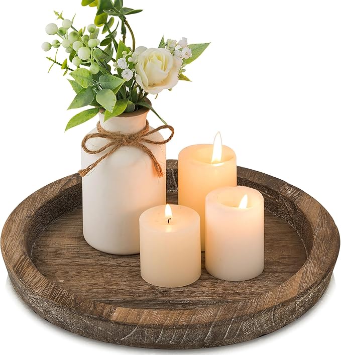 Hanobe Candle Plate Holder Tray: Round Wood Decorative Candle Plate - Rustic Farmhouse CoffeeTable Decor - Tealight Pillar...