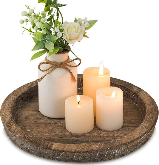 Hanobe Candle Plate Holder Tray: Round Wood Decorative Candle Plate - Rustic Farmhouse CoffeeTable Decor - Tealight Pillar...