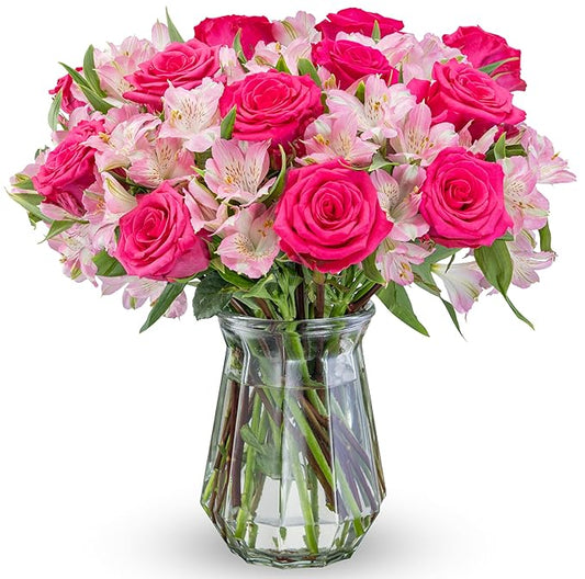 Benchmark Bouquets - Charming Roses & Alstroemeria (Glass Vase Included) - Fresh Flowers for Delivery - Gift for Graduatio...