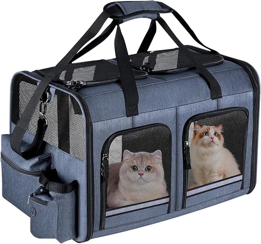 Groxkox Cat Carrier for 2 Cats, Foldable Double Cat and Dog Carrier, Small to Medium Size, 2 Front Zippered Compartments,T...