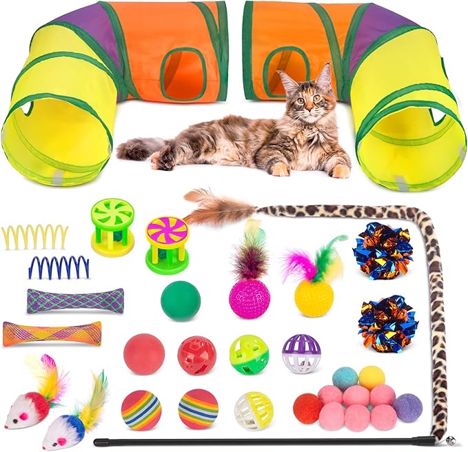 Retro Shaw 33Pcs Cat Toys, Large Cat Tunnels with Toys, Interactive Kitten Toys for Indoor Cats Kitty, Collapsible Cat Tub...