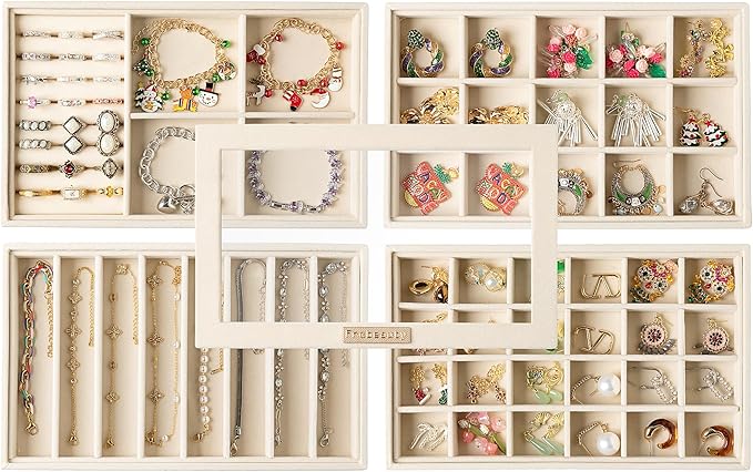 Frebeauty Stackable Jewelry Trays, Velvet Drawer Jewelry Organizer with Glass Lid,5 in 1 Multi-Functional Jewelry Storage ...
