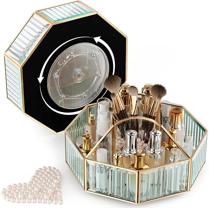 CoralHouse 360° Rotating Makeup Organizer Spinning Vanity Organizer with Makeup Brush Holder for Countertop, Bathroom Stor...