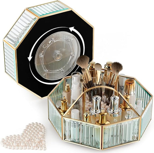 CoralHouse 360° Rotating Makeup Organizer Spinning Vanity Organizer with Makeup Brush Holder for Countertop, Bathroom Stor...
